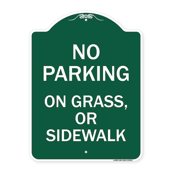 Signmission No Parking on Grass or Sidewalk Parking Sign, Green & White Aluminum Sign, 18" x 24", GW-1824-23698 A-DES-GW-1824-23698 - main